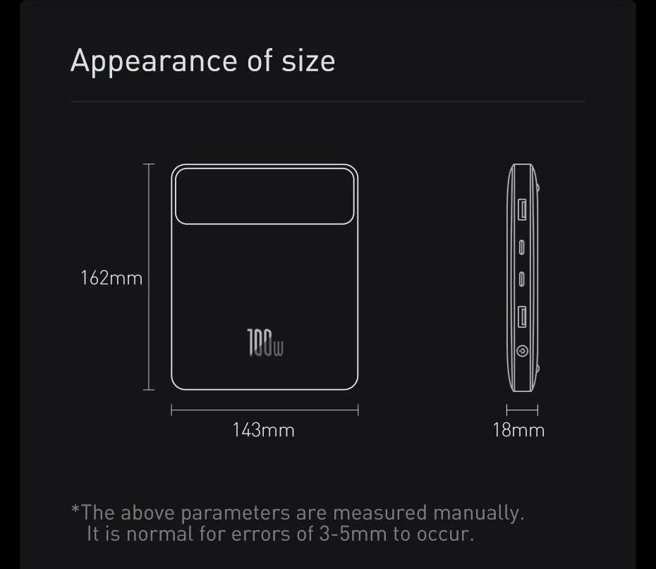 Baseus 100W Power Bank 20000mAh Type C PD Fast Charging Powerbank Portable External Battery Charger for Notebook with 100W Cable - CONGATON