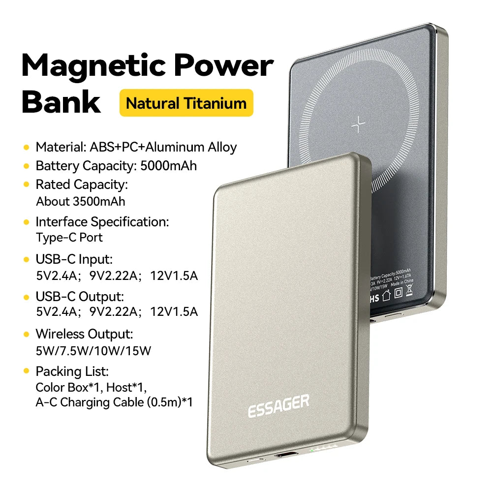 Essager Thin Wireless Power Bank Magnetic 20W 5000mAh Portable Fast Charging External Battery for Magsafe For iPhone 16 15 14 13 - CONGATON