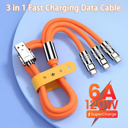 120W 6A 3 in 1 Fast Charging Type C Cable Micro USB for iPhone Charging Cable For Samsung Huawei Xiaomi Phone Charger USB Cable - CONGATON