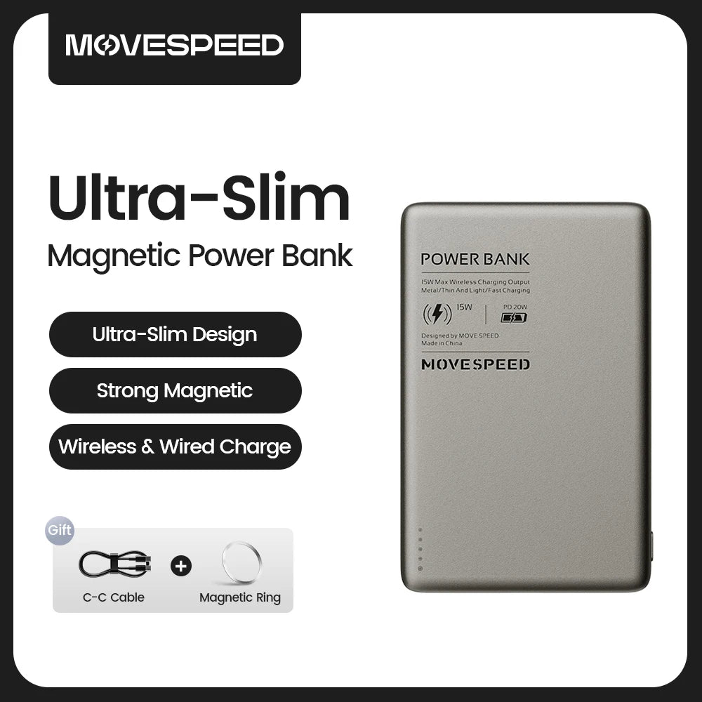 MOVESPEED S05 Magnetic Power Bank 5000mAh 20WPD Wireless Powerbank Slim Portable Battery Charger for iPhone 16 15 Samsung 24 23 - CONGATON