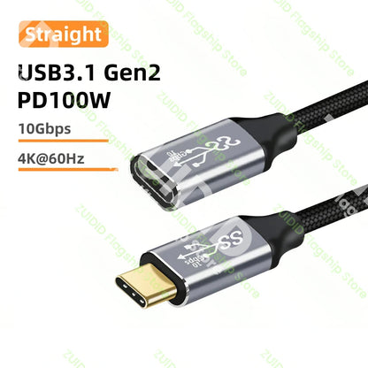 USB C 3.1 Gen2 10Gbps Extension Cable Type C to C PD 100W QC4.0 3.0 5A Fast Charging Cable For MacBook Pro 4k 60Hz Video Cable - CONGATON