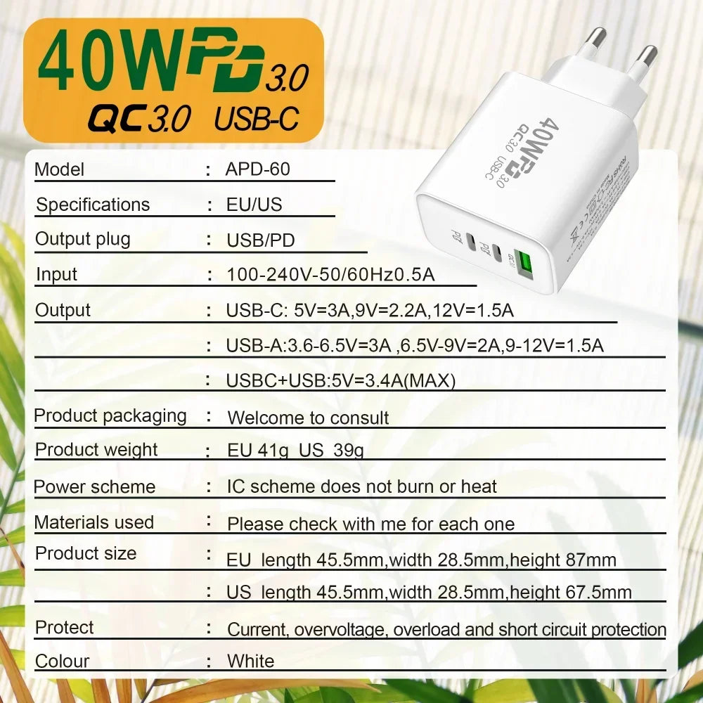 USB C Charger 40W Mobile Phone Type-C PD