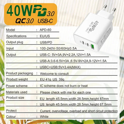 USB C Charger 40W Mobile Phone Type-C PD