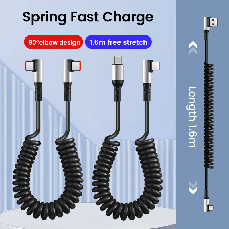 Usb C To Type C Spring Cable Pd 6A Super Quick Charging Coil Data Wire Dual Type C Car Charger Cord for Iphone 15 Pro Samsung - CONGATON