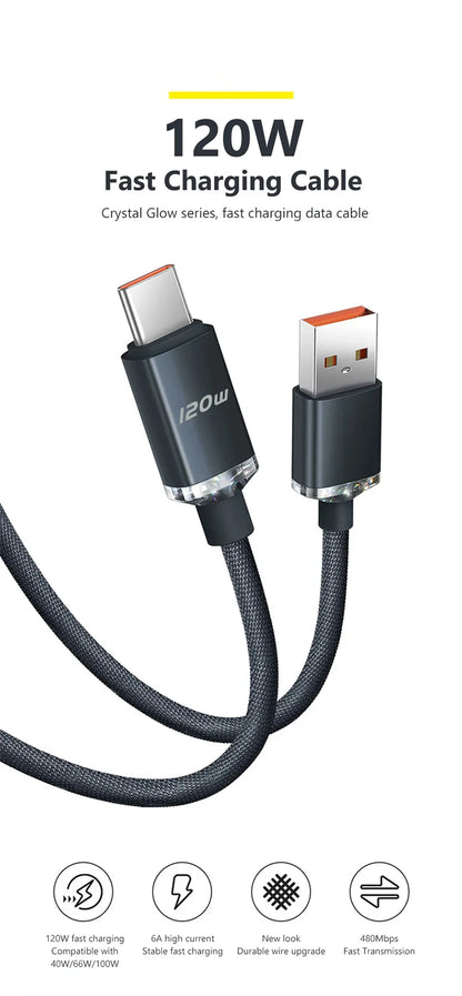 120W 6A Fast Charge USB Type C Quick Charge Cable For Xiaomi Redmi Note 13 14 Pro Huawei Phone Fast Charging Cable Data Cables - CONGATON