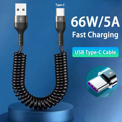 66W 5A Fast Charging Type C Cable Spring Telescopic Car Phone Charger USB Cable For Samsung Xiaomi Redmi USB C Cable - CONGATON