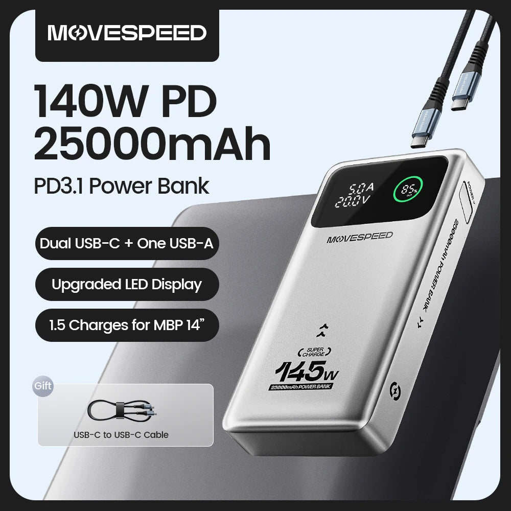 MOVESPEED M25Pro 140W Power Bank 25000mAh Type C Fast Charge Portable External Battery 100W PowerBank for iPhone MacBook Laptop - CONGATON