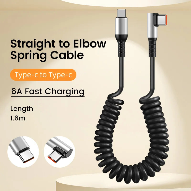 Usb C To Type C Spring Cable Pd 6A Super Quick Charging Coil Data Wire Dual Type C Car Charger Cord for Iphone 15 Pro Samsung - CONGATON