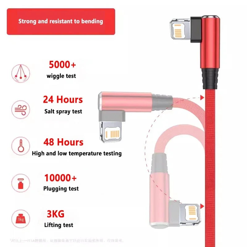 90 Degree USB Cable For iPhone 14 13 12 11 Pro Max X XR 6s 7 8 Plus 2m 3m Lead Mobile Phone Fast Charging Cord Data Charger Wire - CONGATON