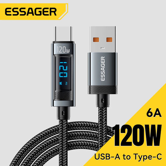 Essager 120W USB Type C Cable PD Super Flash Charging 6A For Xiaomi 14Pro Redmi K70 POCO X6 Black Shark 3Pro LED Digital Display - CONGATON