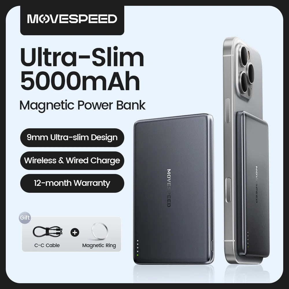 MOVESPEED S05 Magnetic Power Bank 5000mAh 20WPD Wireless Powerbank Slim Portable Battery Charger for iPhone 16 15 Samsung 24 23 - CONGATON