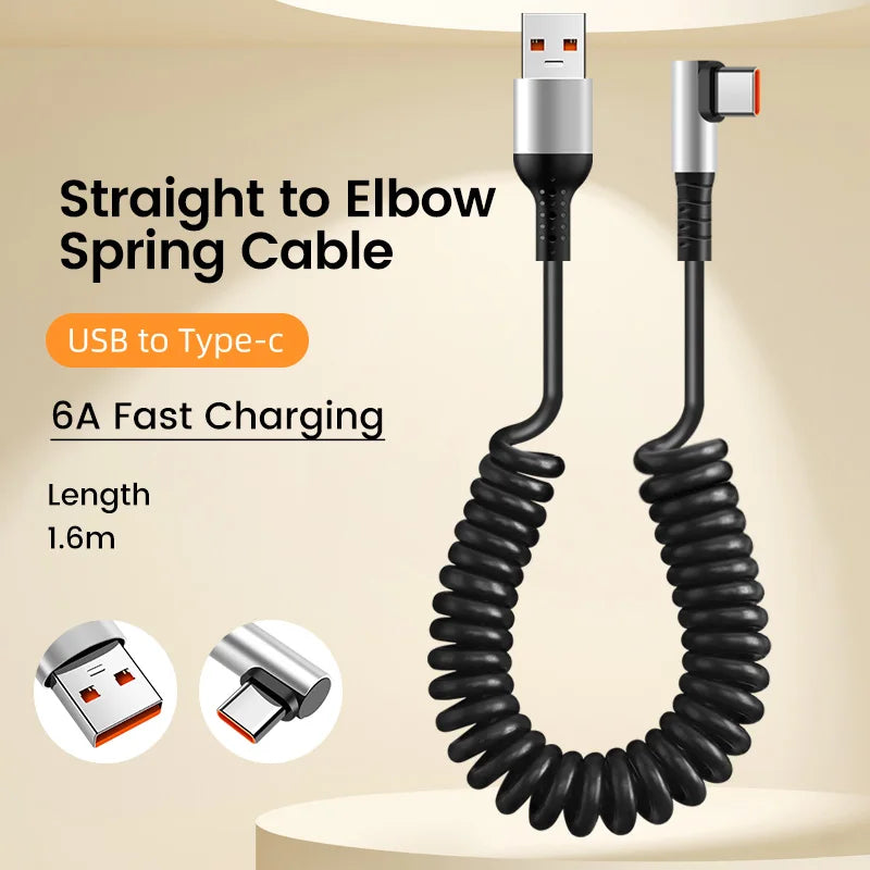 Usb C To Type C Spring Cable Pd 6A Super Quick Charging Coil Data Wire Dual Type C Car Charger Cord for Iphone 15 Pro Samsung - CONGATON