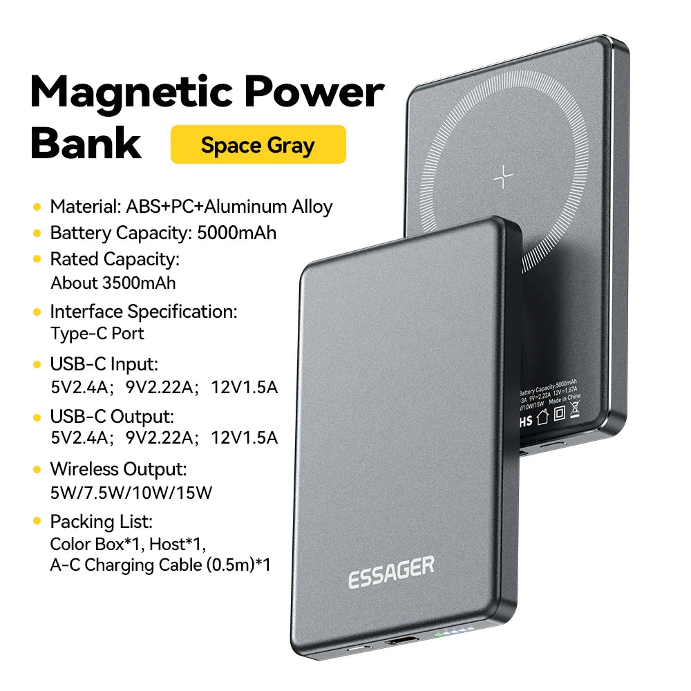 Essager Thin Wireless Power Bank Magnetic 20W 5000mAh Portable Fast Charging External Battery for Magsafe For iPhone 16 15 14 13 - CONGATON