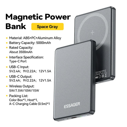 Essager Thin Wireless Power Bank Magnetic 20W 5000mAh Portable Fast Charging External Battery for Magsafe For iPhone 16 15 14 13 - CONGATON