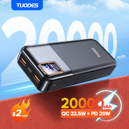 Tuodes Power Bank 20000mAh PD20W External Large Battery Capacity 22.5W Fast Charging Portable Charger For iPhone Samsung Xiaomi - CONGATON