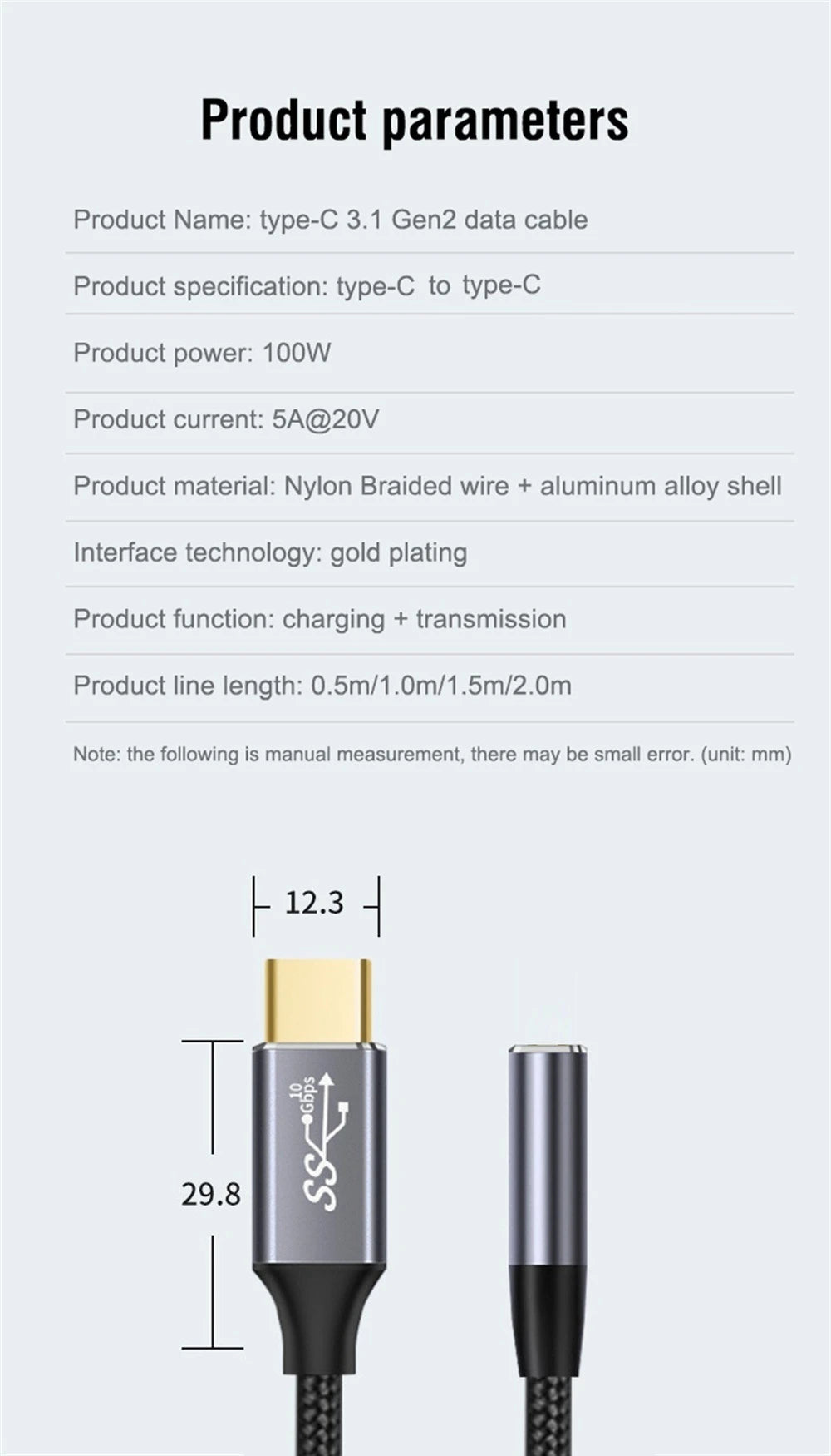 USB C 3.1 Gen2 10Gbps Extension Cable Type C to C PD 100W QC4.0 3.0 5A Fast Charging Cable For MacBook Pro 4k 60Hz Video Cable - CONGATON