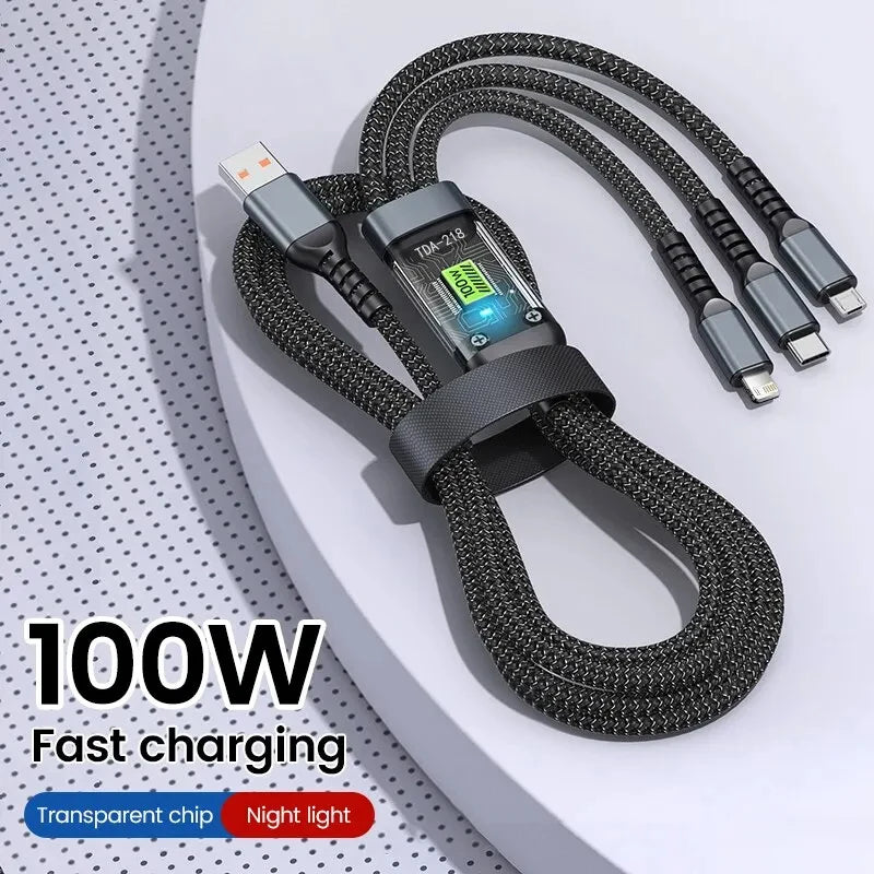 100/66W 3 in 1 Cable Micro USB Type C Cable for iPhone 15 14 13 Pro Max Huawei Xiaomi Samsung S23 S22 Super Fast Charging Cable - CONGATON