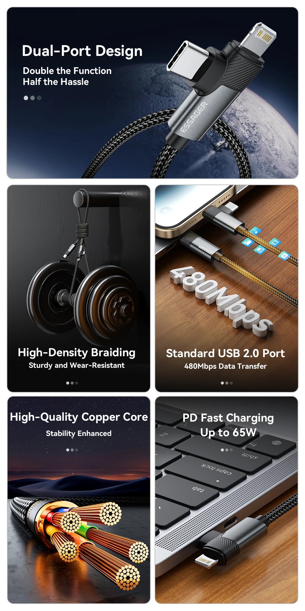 Essager 2 in 1 USB Type C Cable 65W PD Fast Charging Wire Type C To Lightning Cable For iPhone 15 14 Pro Max MacBook iPad Xiaomi - CONGATON