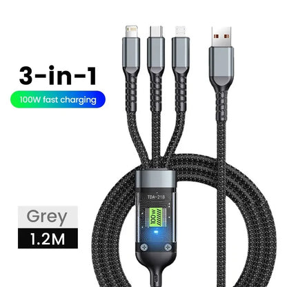 100/66W 3 in 1 Cable Micro USB Type C Cable for iPhone 15 14 13 Pro Max Huawei Xiaomi Samsung S23 S22 Super Fast Charging Cable - CONGATON