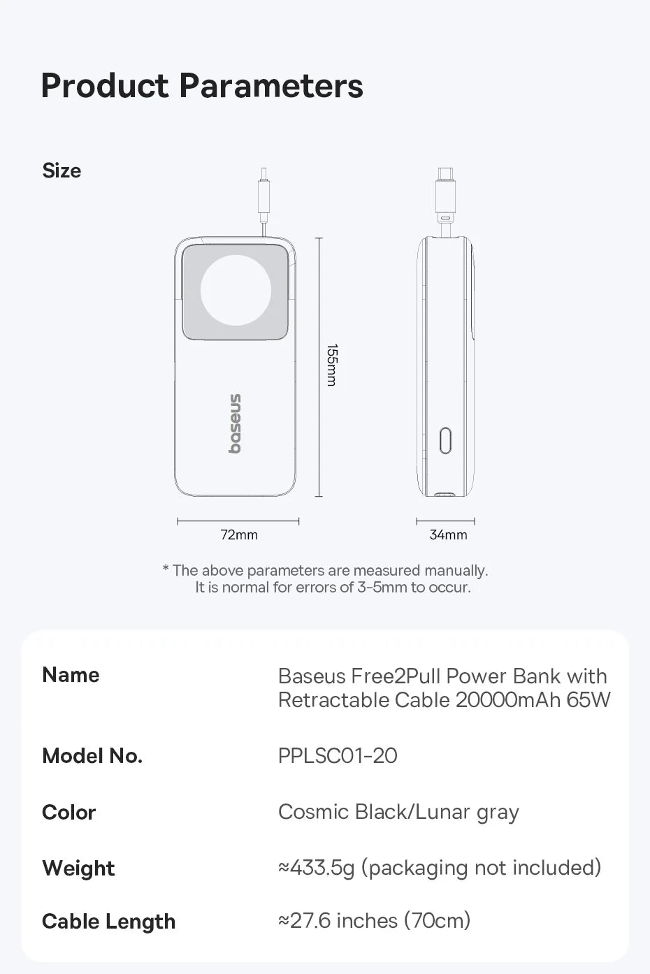 Baseus 65W Power Bank 20000mah Fast Charging with Built-in Retractable Type-C Cable for Laptops iPhone 16 15 Pro Max - CONGATON