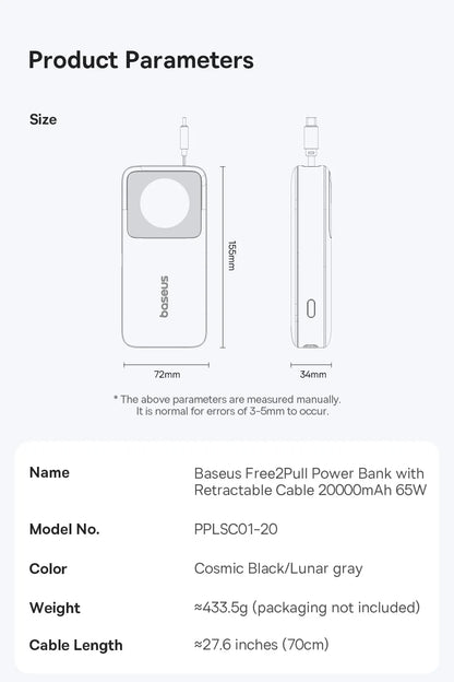 Baseus 65W Power Bank 20000mah Fast Charging with Built-in Retractable Type-C Cable for Laptops iPhone 16 15 Pro Max - CONGATON