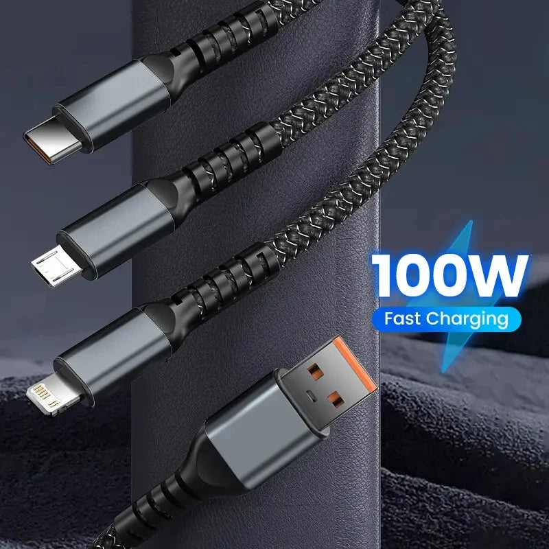 100/66W 3 in 1 Cable Micro USB Type C Cable for iPhone 15 14 13 Pro Max Huawei Xiaomi Samsung S23 S22 Super Fast Charging Cable - CONGATON