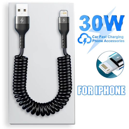 For Apple 30W USB Fast Car Charger Cable For iPhone 14 13 12 11 Pro Max 8 Plus X XS Spring Telescopic Charging Cable Accessories - CONGATON