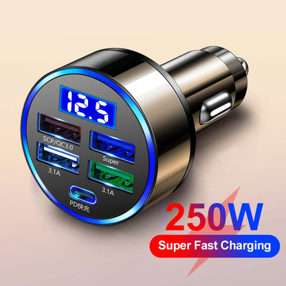 250W LED Car Charger 5 Ports Fast Charge