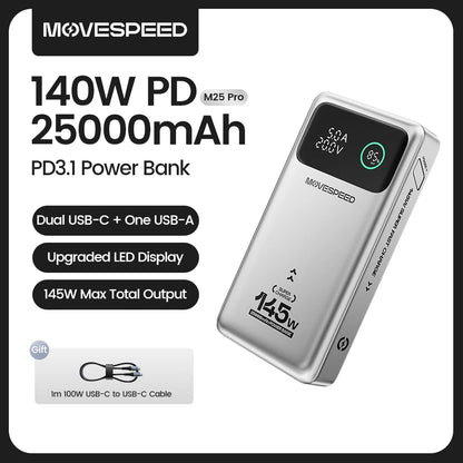 MOVESPEED M25Pro 140W Power Bank 25000mAh Type C Fast Charge Portable External Battery 100W PowerBank for iPhone MacBook Laptop - CONGATON