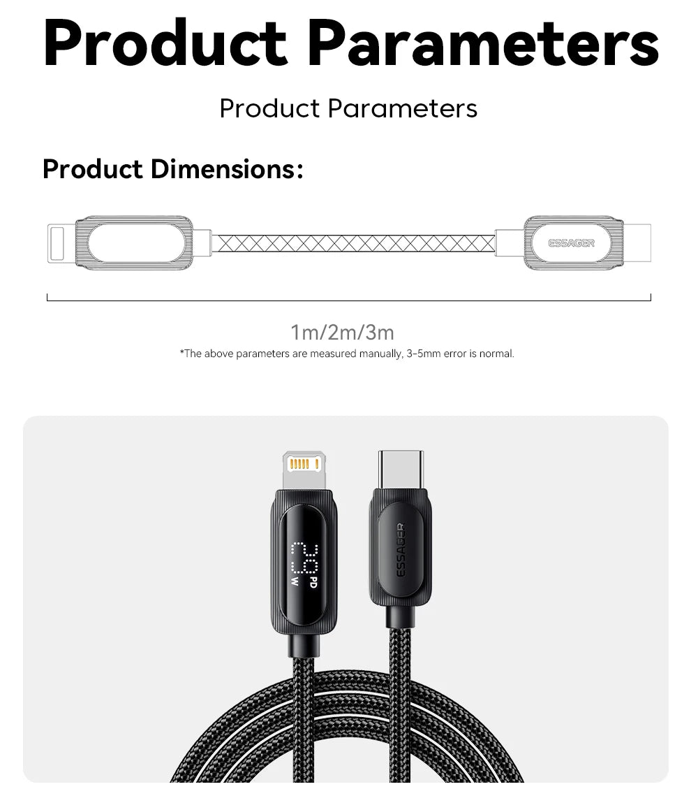 Essager USB C Cable For iPhone 14 13 12 11 Pro Max Xs Digital Display Wire PD 29W Fast Charging Type C To Lighting Data Cord - CONGATON