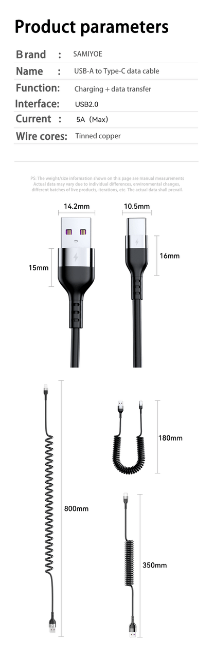 66W 5A Fast Charging Type C Cable Spring Telescopic Car Phone Charger USB Cable For Samsung Xiaomi Redmi USB C Cable - CONGATON