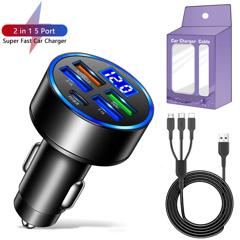 250W LED Car Charger 5 Ports Fast Charge