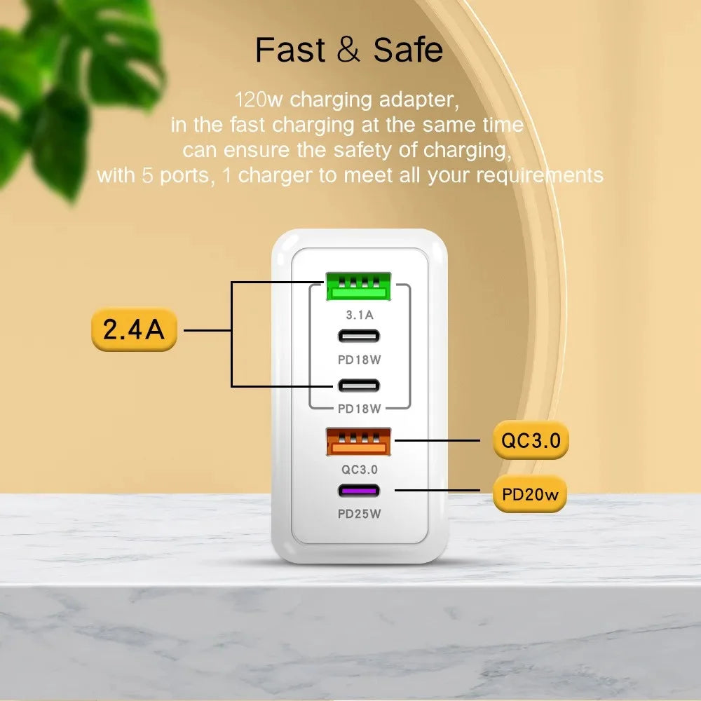 Total 120W USB Charger 5 Ports Type C