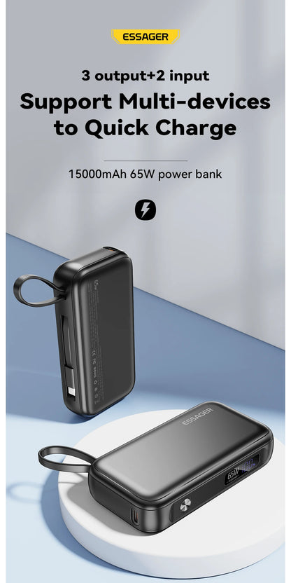 Essager Power Bank Portable 15000mAh in With USB C Cable External Spare Battery Pack for iPhone iPad Macbook 65W Fast Charger - CONGATON