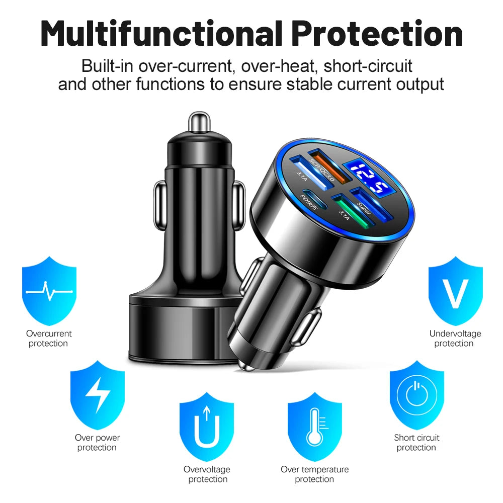 250W LED Car Charger 5 Ports Fast Charge