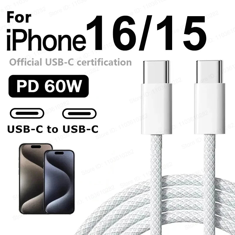 Original 60W PD USB-C to USB C Fast Charger Cable For Apple iPhone 16 Pro Max 15 Plus Type C Quick Charging For Xiaomi Samsung - CONGATON