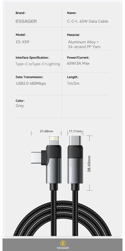 Essager 2 in 1 USB Type C Cable 65W PD Fast Charging Wire Type C To Lightning Cable For iPhone 15 14 Pro Max MacBook iPad Xiaomi - CONGATON