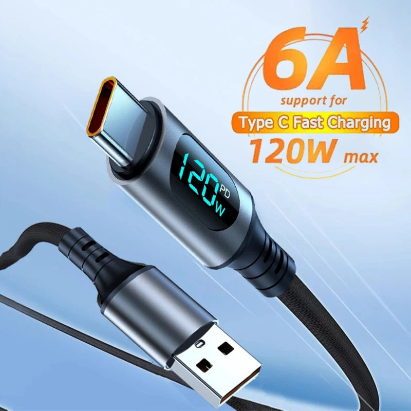 6A 120W USB A To Type C Super Fast Charge Cable Nylon Data Cord For Xiaomi Redmi POCO Samsung With Led Digital Display Cable - CONGATON