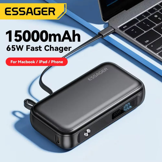 Essager Power Bank Portable 15000mAh in With USB C Cable External Spare Battery Pack for iPhone iPad Macbook 65W Fast Charger - CONGATON