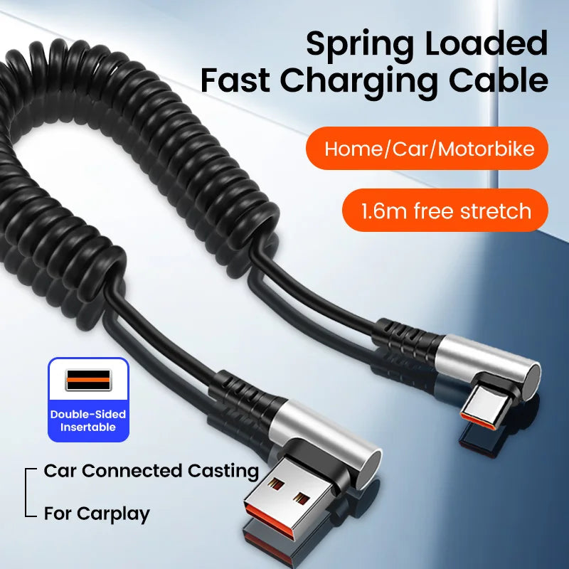 Usb C To Type C Spring Cable Pd 6A Super Quick Charging Coil Data Wire Dual Type C Car Charger Cord for Iphone 15 Pro Samsung - CONGATON