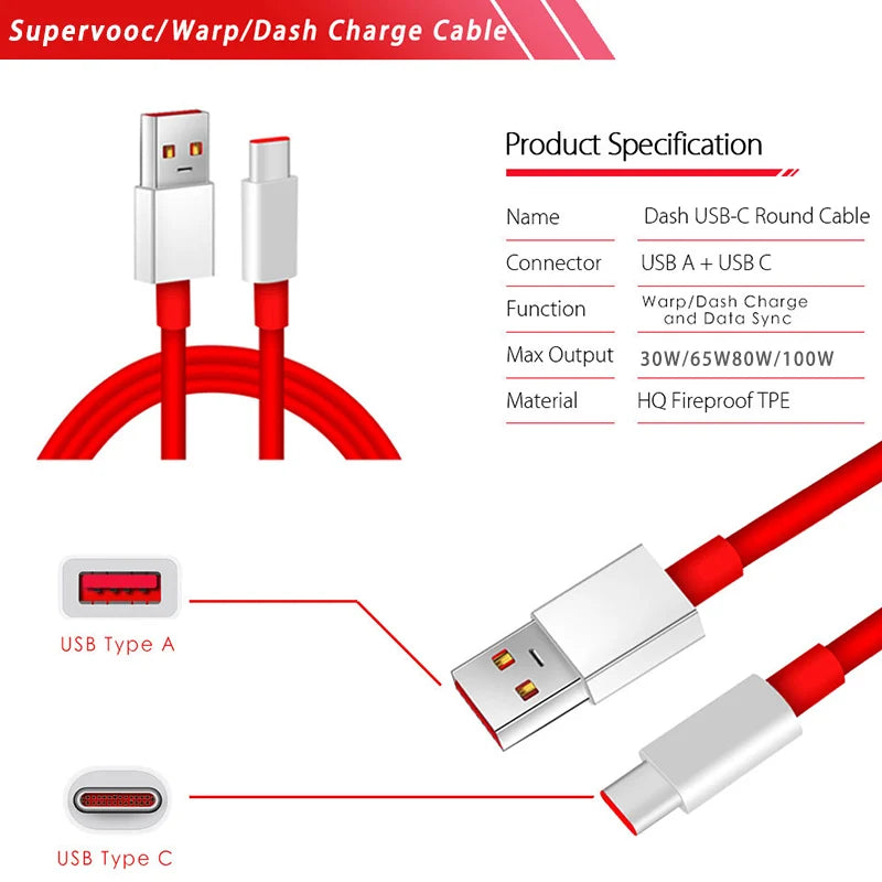 Oneplus 13 12 11 Cable Original 80W Supervooc Warp Charge Usb Type C Cable 100W Fast Charge One Plus 10T Nord CE 4 10 Ace 3 Pro - CONGATON