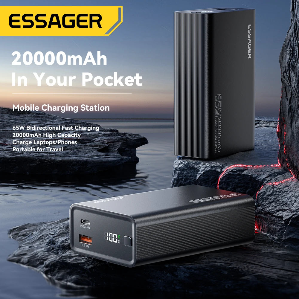 Essager Power Bank 20000mAh Portable PD 65W Fast Charging  Mobile Phone External Battery Powerbank For Phone Laptop Tablet Mac - CONGATON