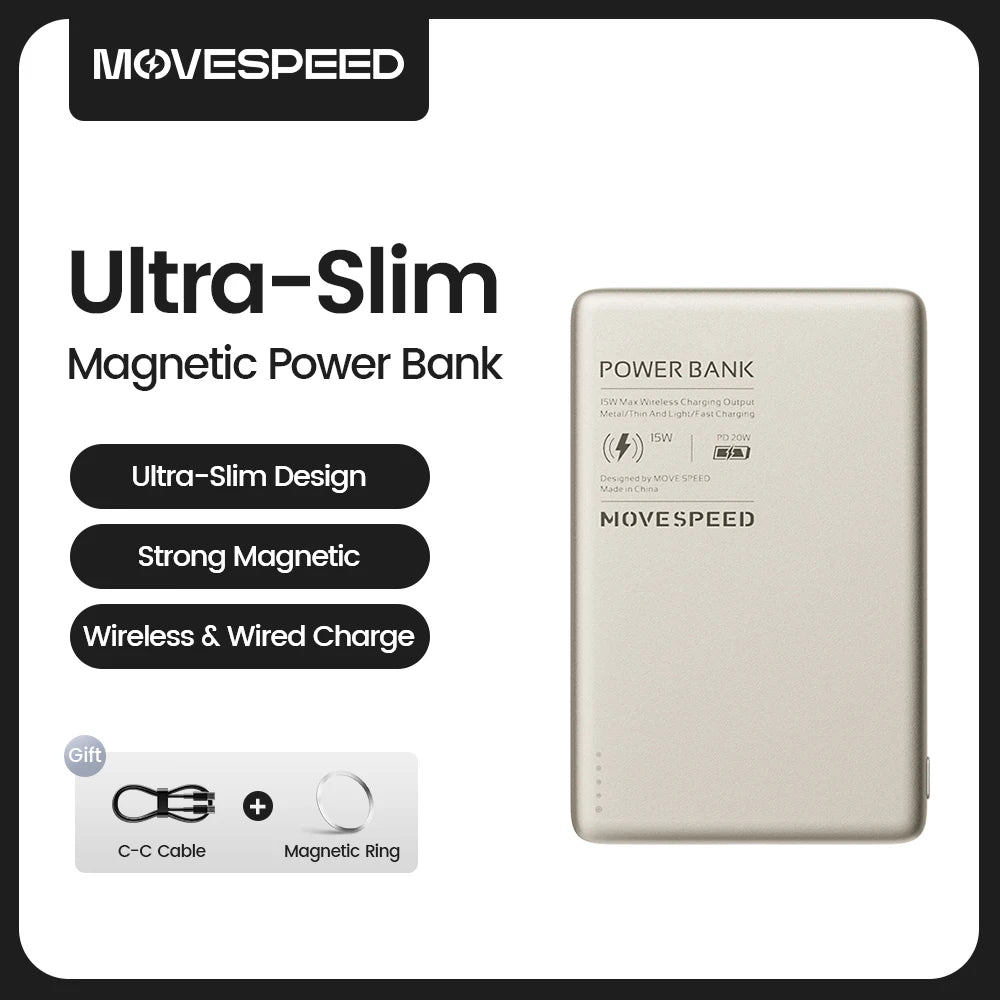 MOVESPEED S05 Magnetic Power Bank 5000mAh 20WPD Wireless Powerbank Slim Portable Battery Charger for iPhone 16 15 Samsung 24 23 - CONGATON