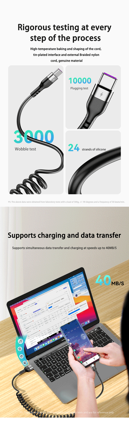 66W 5A Fast Charging Type C Cable Spring Telescopic Car Phone Charger USB Cable For Samsung Xiaomi Redmi USB C Cable - CONGATON