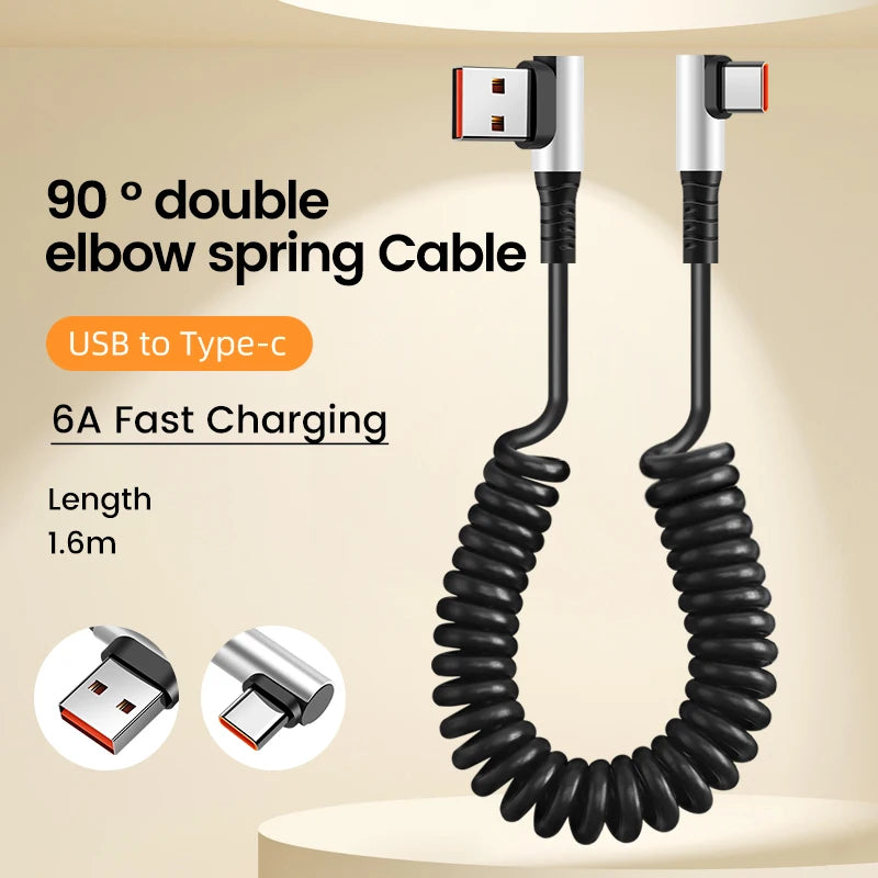 Usb C To Type C Spring Cable Pd 6A Super Quick Charging Coil Data Wire Dual Type C Car Charger Cord for Iphone 15 Pro Samsung - CONGATON