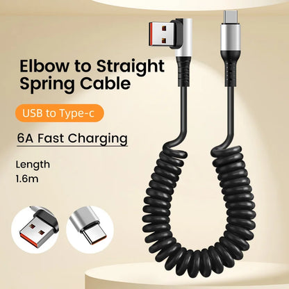 Usb C To Type C Spring Cable Pd 6A Super Quick Charging Coil Data Wire Dual Type C Car Charger Cord for Iphone 15 Pro Samsung - CONGATON