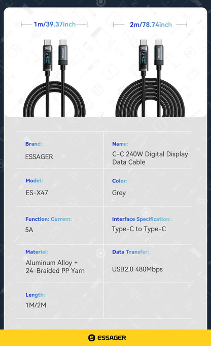 Essager 240W USB Type C To USB C Cable 100W PD 3.1 Fast Charging Charger Wire For Macbook Pro Xiaomi Samsung Laptop USBC Cord 2M - CONGATON