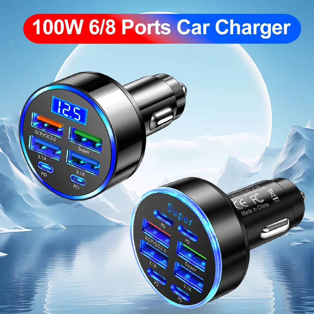 100W 6/8 Ports Car Charger Fast Charging