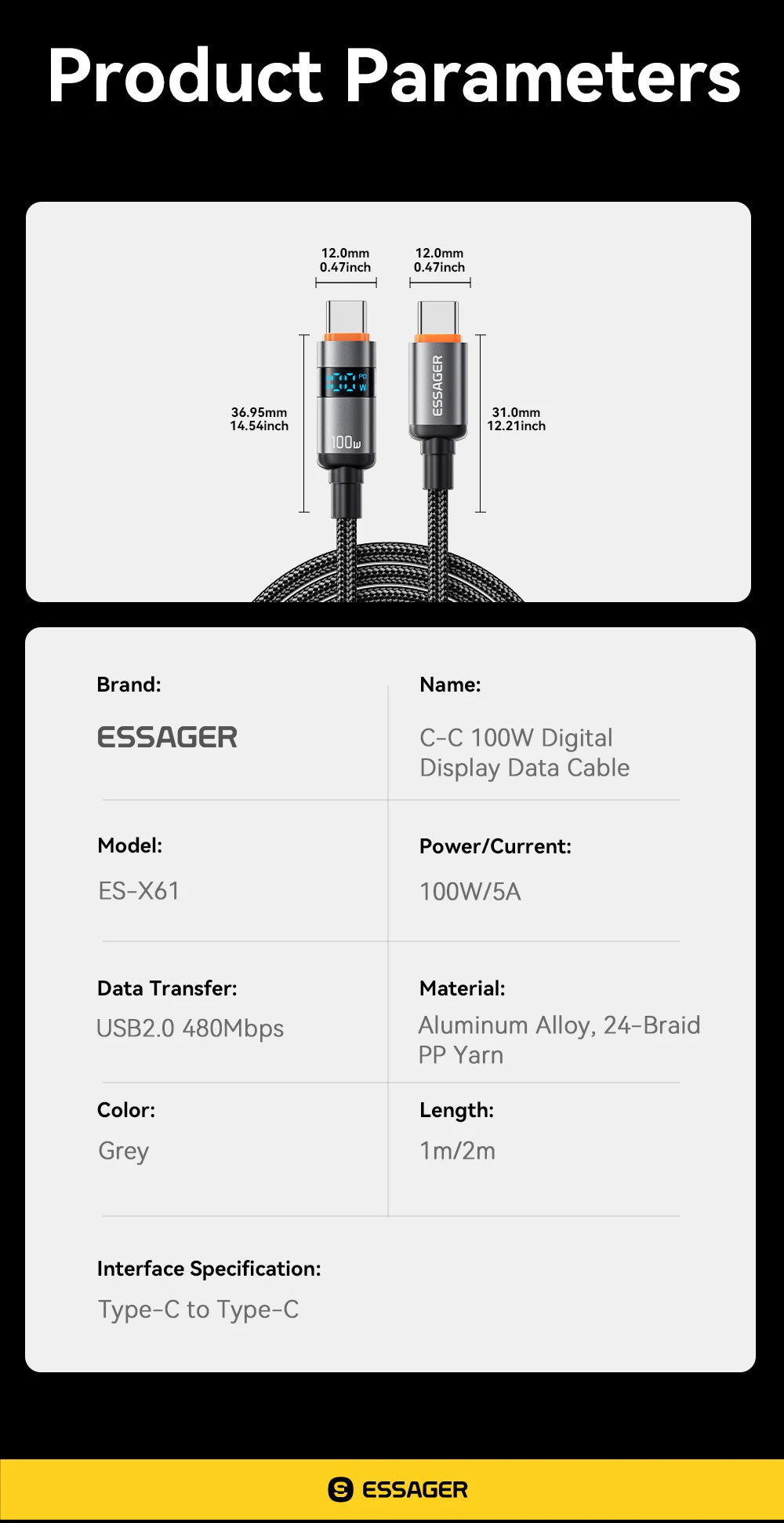 Essager Digital Dispaly USB Type C To USB C Cable For Huawei mate60 100W Fast Charging Charger Wire Cord For Macbook pro Xiaomi - CONGATON