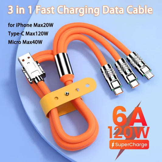 120W 6A 3 in 1 Fast Charging Type C Cable Micro USB for iPhone Charging Cable For Samsung Huawei Xiaomi Phone Charger USB Cable - CONGATON